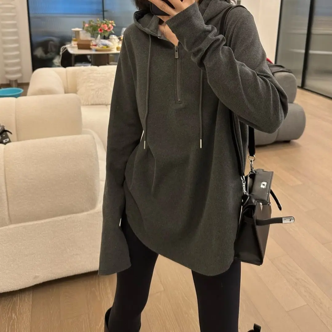 High End Oversized Hooded Base Shirt T-shirt for Women's Spring Autumn Casual Slimming Covering Loose Inner Layer Pullover Top