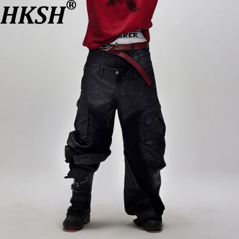 

HKSH весна осень новые мужские темные нерегулярные лоскутные трехмерные пошивные джинсы с матовым воском HK11301