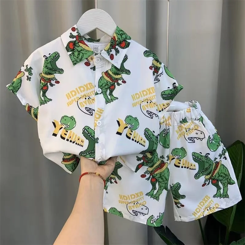 

Boys Short sleeved Shirt Set 2024 New Boys Summer Clothing Children's Cartoon Print Handsome Two Piece Set Kids Outfits 2 4 6 8Y