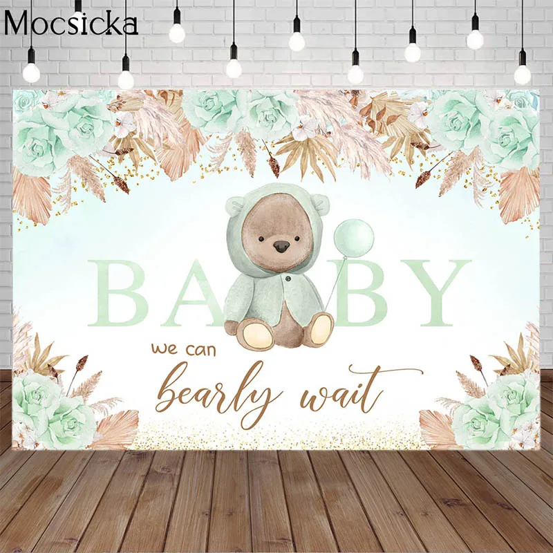 

We Can Bearly Wait Photography Backdrops Bear Baby Shower Flowers Balloon Party Decor Newborn Boy Girl Birthday Photo Background