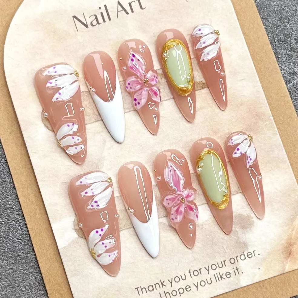 10pcs Handmade Press on Nails 3D Hand Drawn Flowers Japanese False Nail Full Cover Wearable Long Almond French Fake Nail Tips