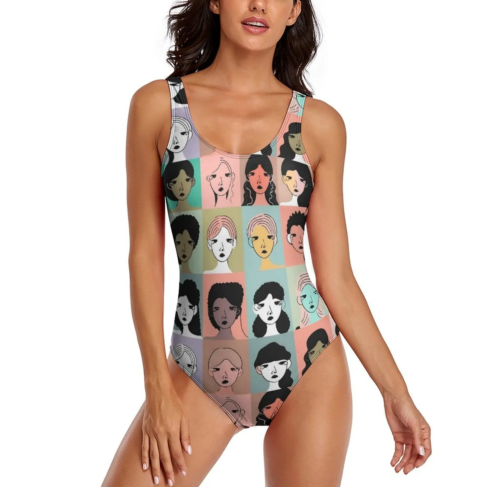 Character Avatars Swimsuit A Grid Of Quirky Women Faces One Piece Swimwear Push Up Aesthetic Bathing Suit Sexy Beach Bodysuit