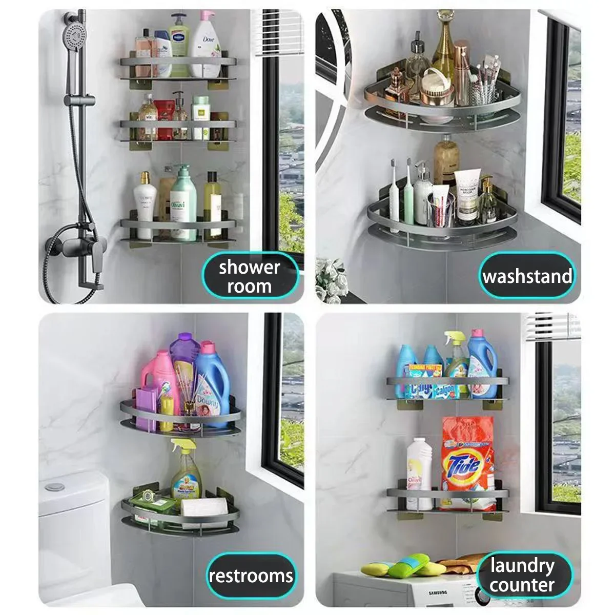 Bathroom Shelf Aluminum Alloy Shampoo Rack Makeup Storage Organizer Shower Shelf Bathroom Accessories No Drill Wall Corner Shelf