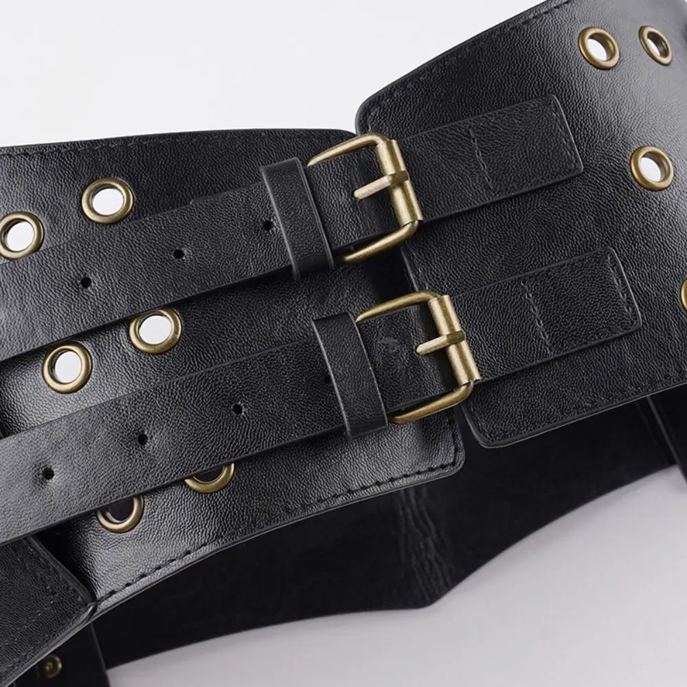 Punk PU Leather Round Eyelet Belt Chic Y2K Pockets Waist Strap West Cowboy Exaggerated Waistband