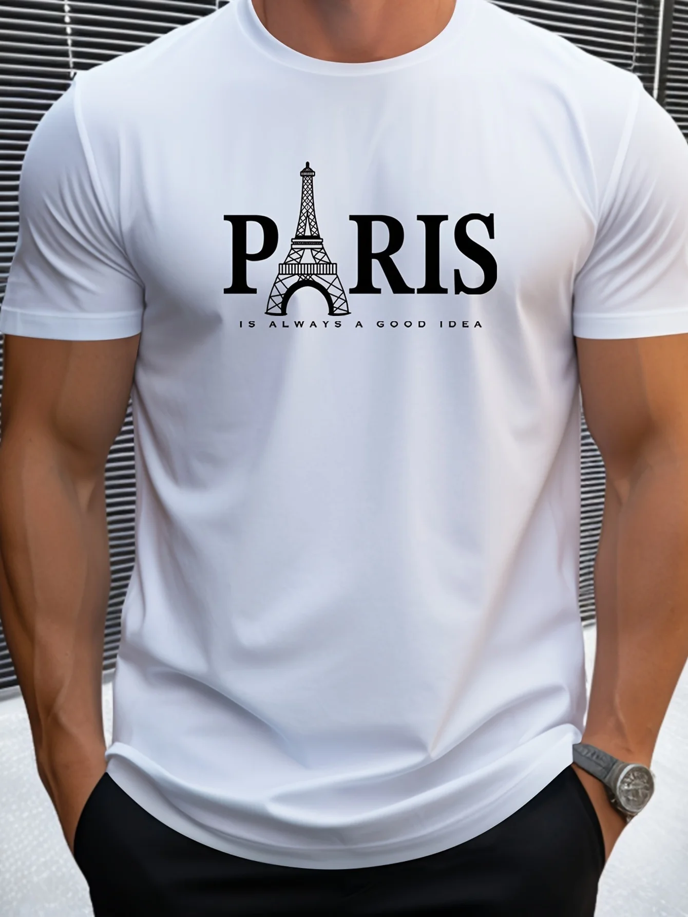Men's Paris Eiffel Tower pattern T-shirt casual round-neck short-sleeved T-shirt stretch fabric machine shirts