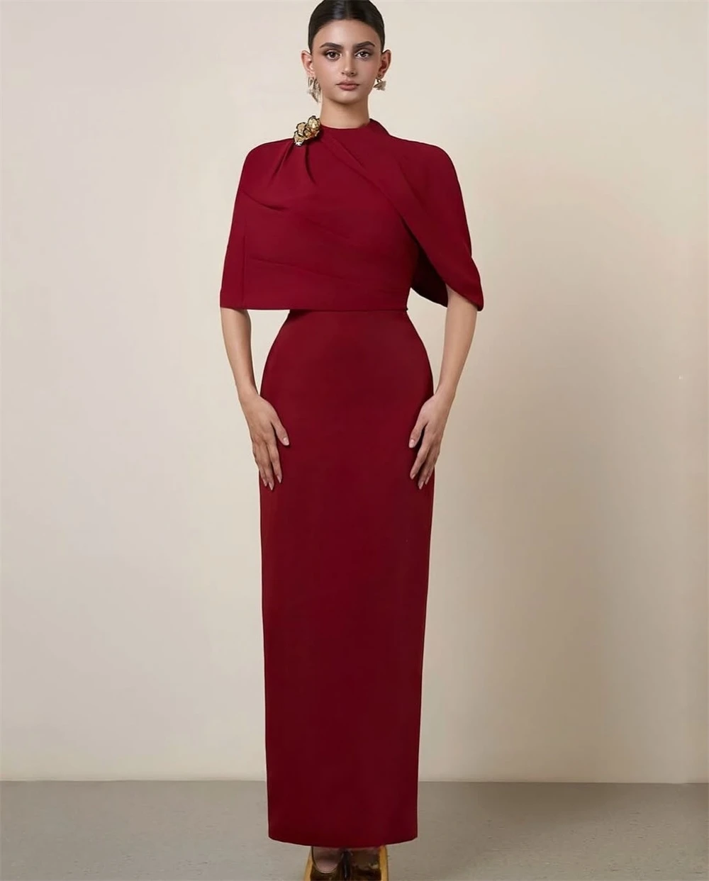 Mila Burgundy Shawl Prom Dresses High Neck Half-Sleeve Simple Customized Formal Evening Sheath Ankle-Length vestidos de fiesta