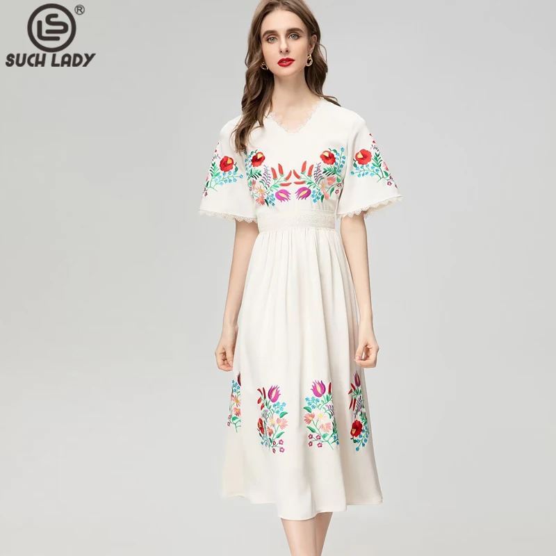 

Women's Runway Dresses Sexy V Neck Emboridery Floral Short Sleeves High Street Fashion Casual Mid Vestidos