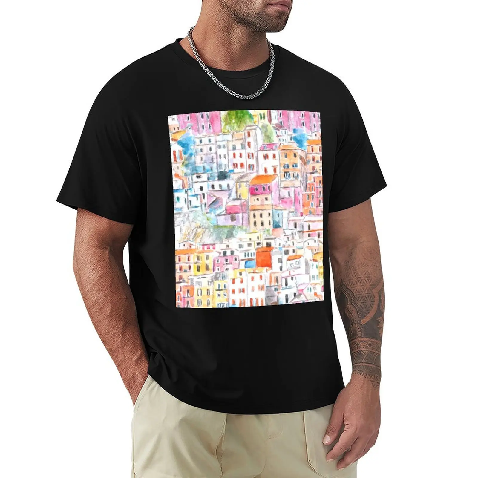Italy Cinque Terre pattern watercolor painting T-Shirt Large Size Casual Short Sleeve Top