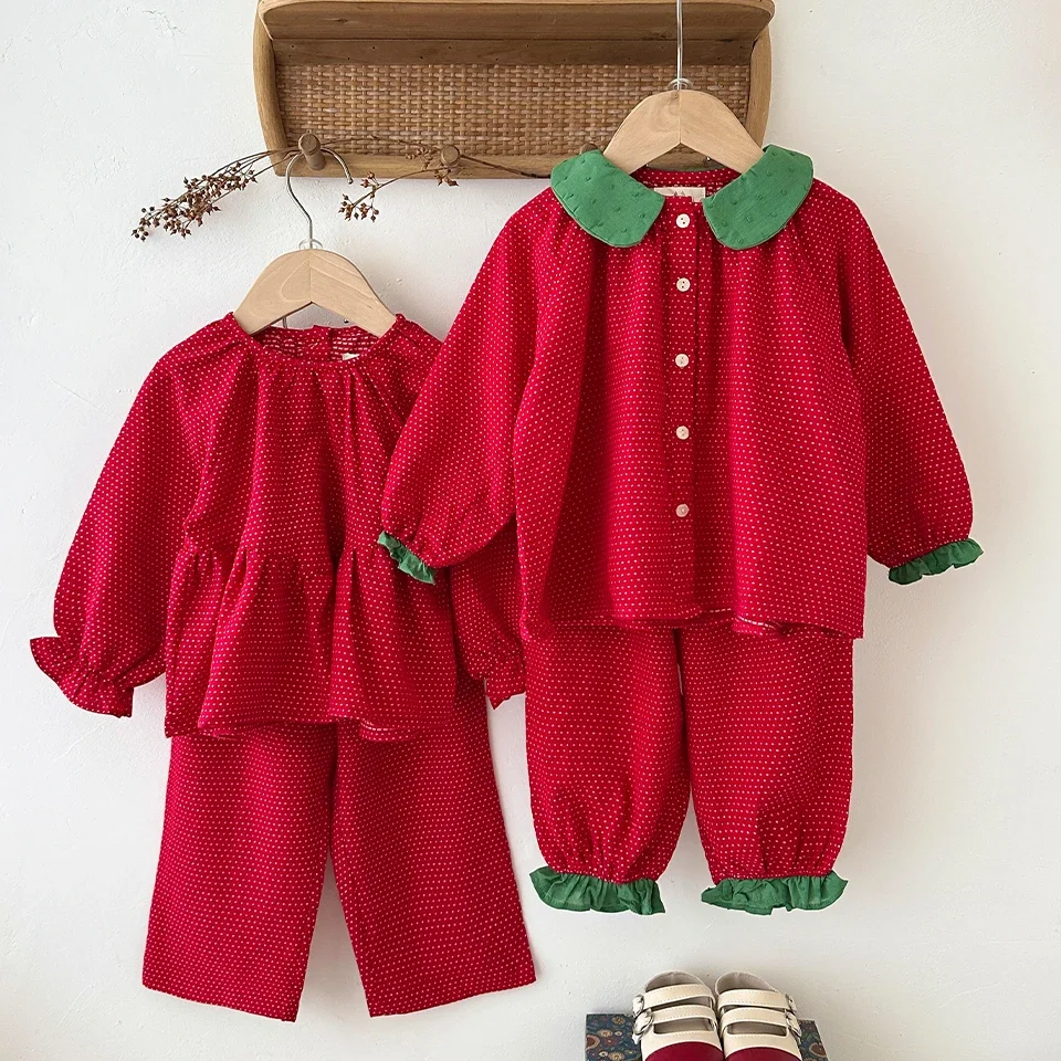 KS Children Clothes Set Girls Soft Homewear Toddler Kids Cute Dot Long Sleeved Tops Pants Children Christmas Shirts Suit