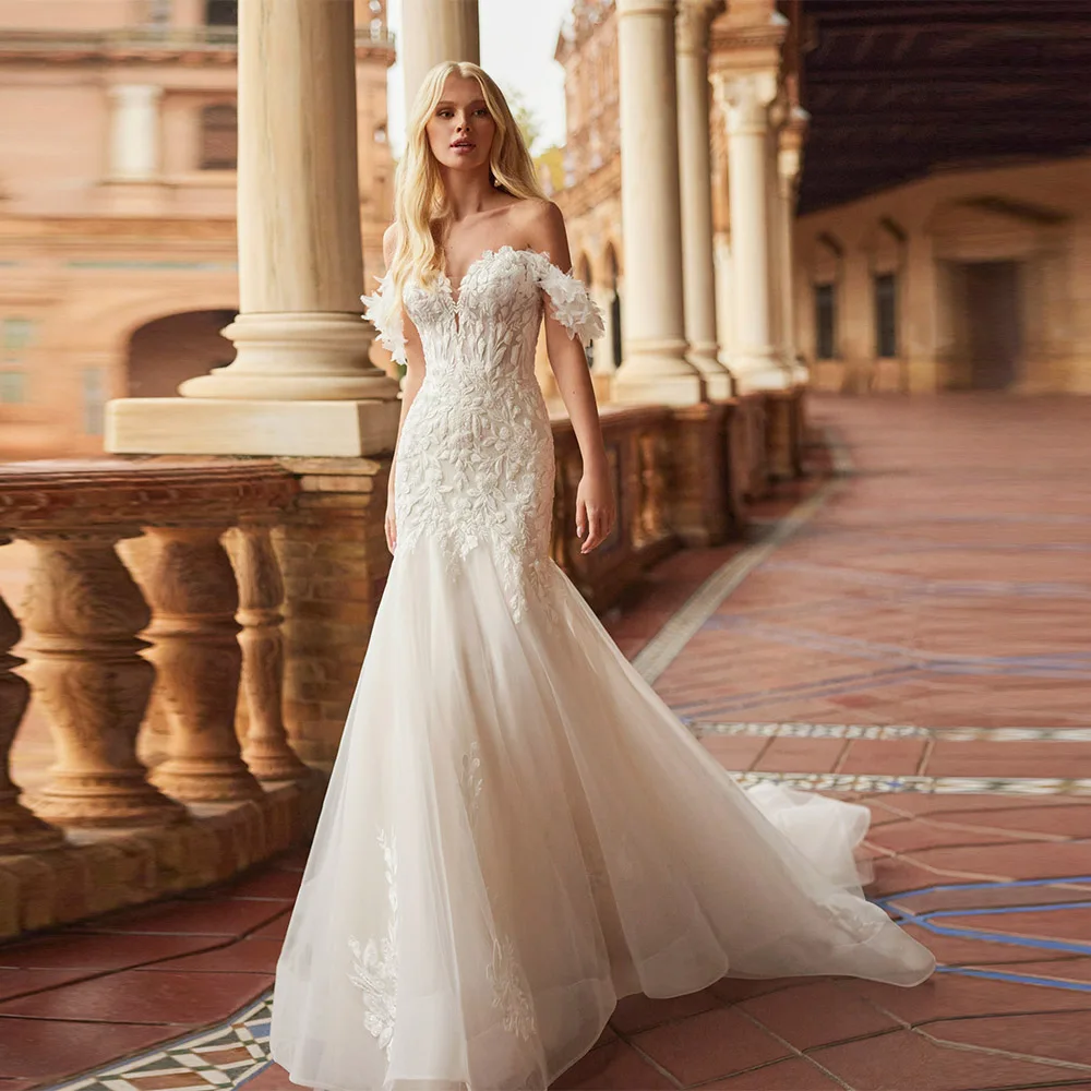 Maßgeschneiderte Boho-Hochzeitskleider für Damen, schulterfrei, 2025, Spitzenapplikationen, Meerjungfrau, Tüll, Brautkleider, formelle Vestidos de Novia