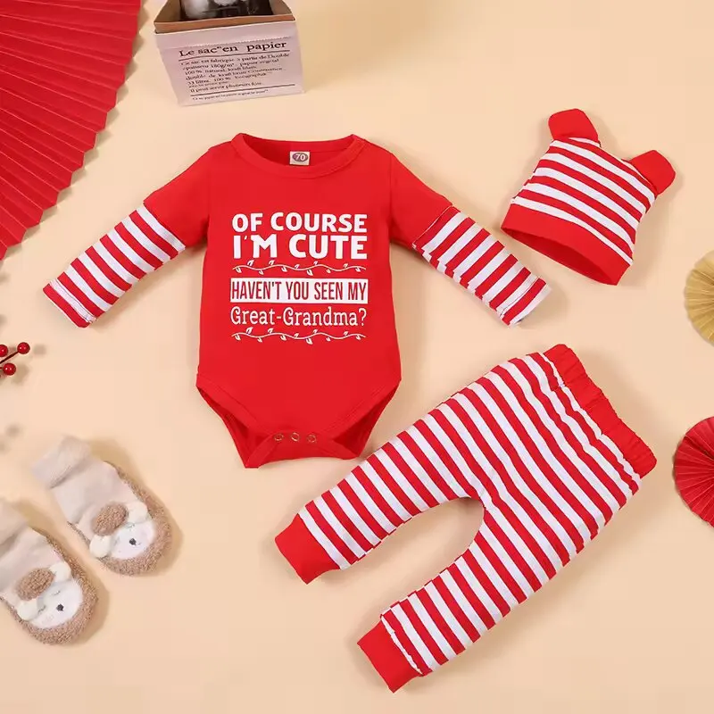 

Newborn Baby Boy Girl Spring Autumn Clothing Set Long Sleeve Bodysuit Red White Striped Pants Christmas Outfit Baby Clothes