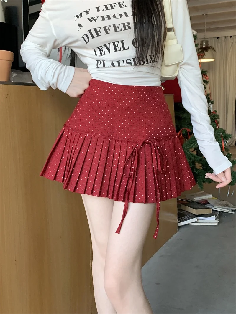 

Summer new college style versatile bow tie pleated skirt red polka dot skirts for women