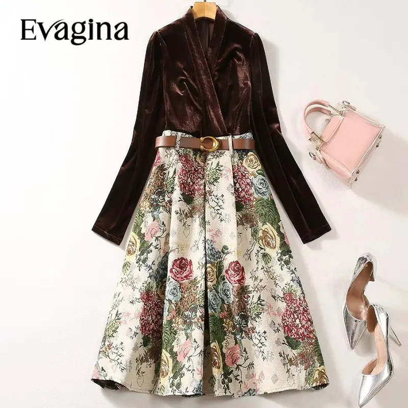 

Evagina New Fashion Runway Designer Women's V-Neck Long Sleeve Velvet Detachable Belt Patchwork Jacquard Dress