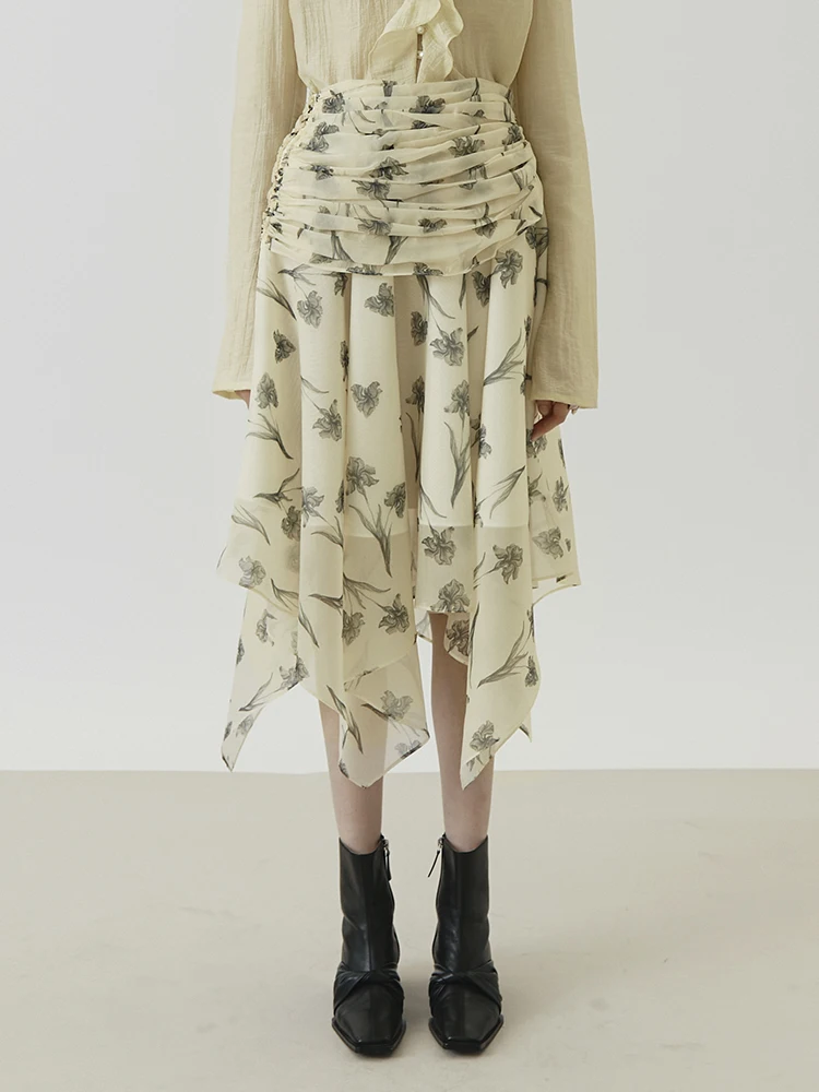 

Xunruo Knee-Length f Skirt Original Light Yellow Iris Print Pleated Asymmetrical Skirt Dry Sle Polyester Vis...