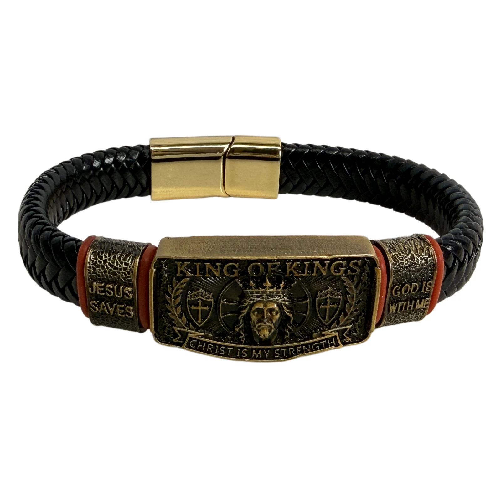 King of Kings Faith Bracelet PU Leather Religious Inspirational Wristband Christian Braided Wristbands Gift for Men Husband Dad