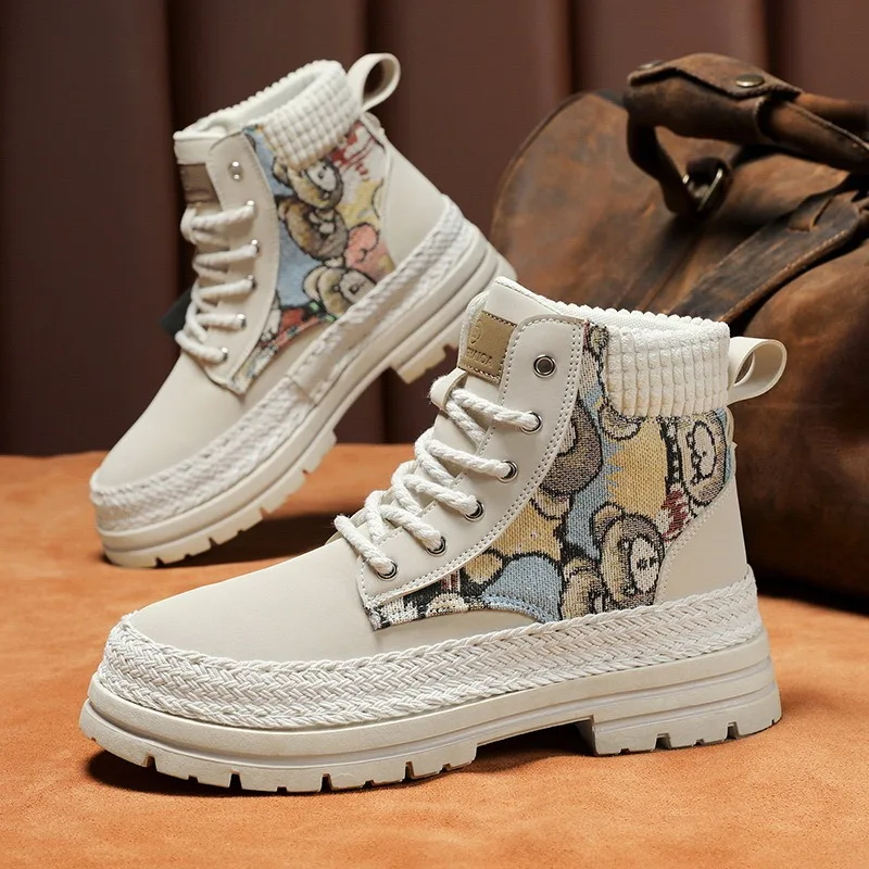 

Mens High Top Shoes Graffiti Ankle Boots Autumn Winter Tooling Shoes Comfortable Square Heel Shoes 48Big Size Casual Sneakers