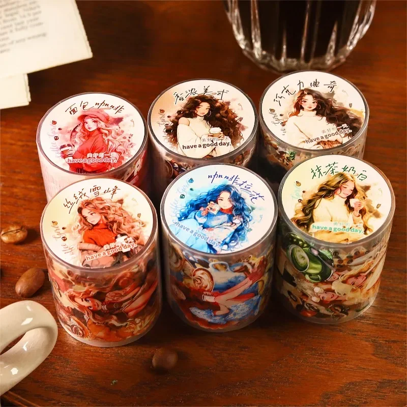 1Roll 2M PET Tape Coffee Girl Americano Light Handbook Diary Decoration Material Adhesives Sticker Scrapbook Cut 50mm*2M