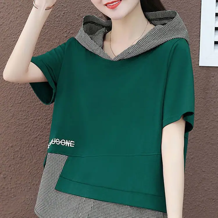 Fake Two-piece Hooded Short-sleeved T-shirt for Women 2025 Summer New Slim Top
