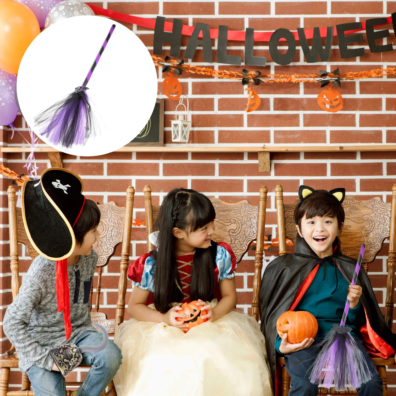 Bat Mesh Broom Halloween Besom Cosplay for Decor Props Plastic Ribbon Striped Handle Child