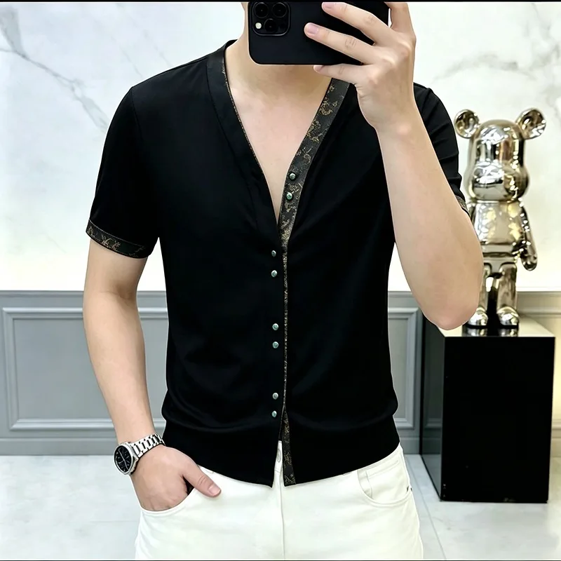 Trendy Summer V-neck T-shirt for Men Personalized Splicing Casual Business Social T-shirts Breathable Streetwear Men Clothing