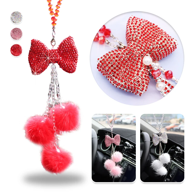 Diamond Bowknot Fashion Pendant Crystal Pompom Chain Car Rearview Mirror Hanging Ornament Christmas Gift Women\'s Car Accessories