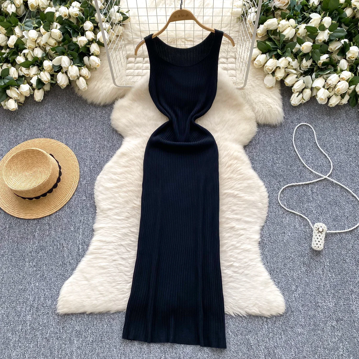 2025 New Sexy Kniiting Chic Dresses Women Sleeveless O Neck Bodycon Solid Slim High Quality Elastic Basics Maxi Long Tank Dress