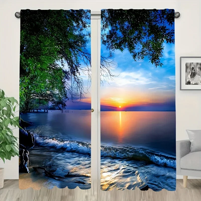 Beautiful Sunrise Ocean View Curtain Window Drapes for Living Room Bedroom Coastal Decor Light Filtering