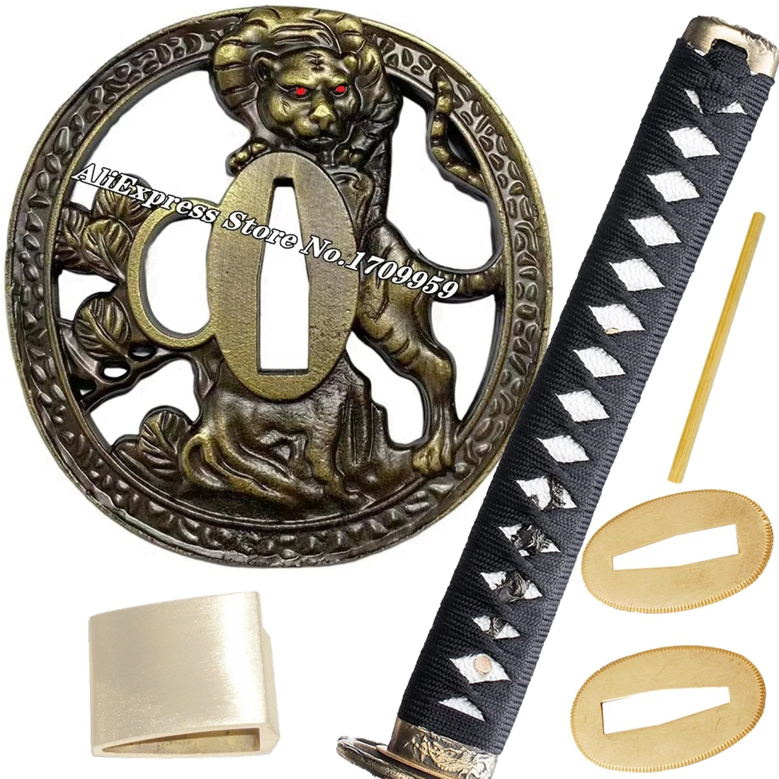 26cm alça real katana tsuka espada samurai japonês tigre guarda acessórios conjunto liga tsuba menuki fuchi kashira habaki seppa