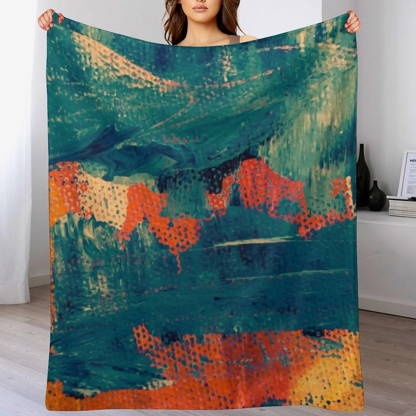 

Teal and orange abstract art painting design Throw Blanket No Pilling Soft Warm Blanket for Bed