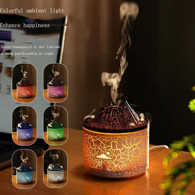 

USb Flame Air Humidifier Aroma Diffuser 7 Colorful Led Light Jellyfish Smoke Ring Essential Oil Aromatherapy Volcano Diffuser