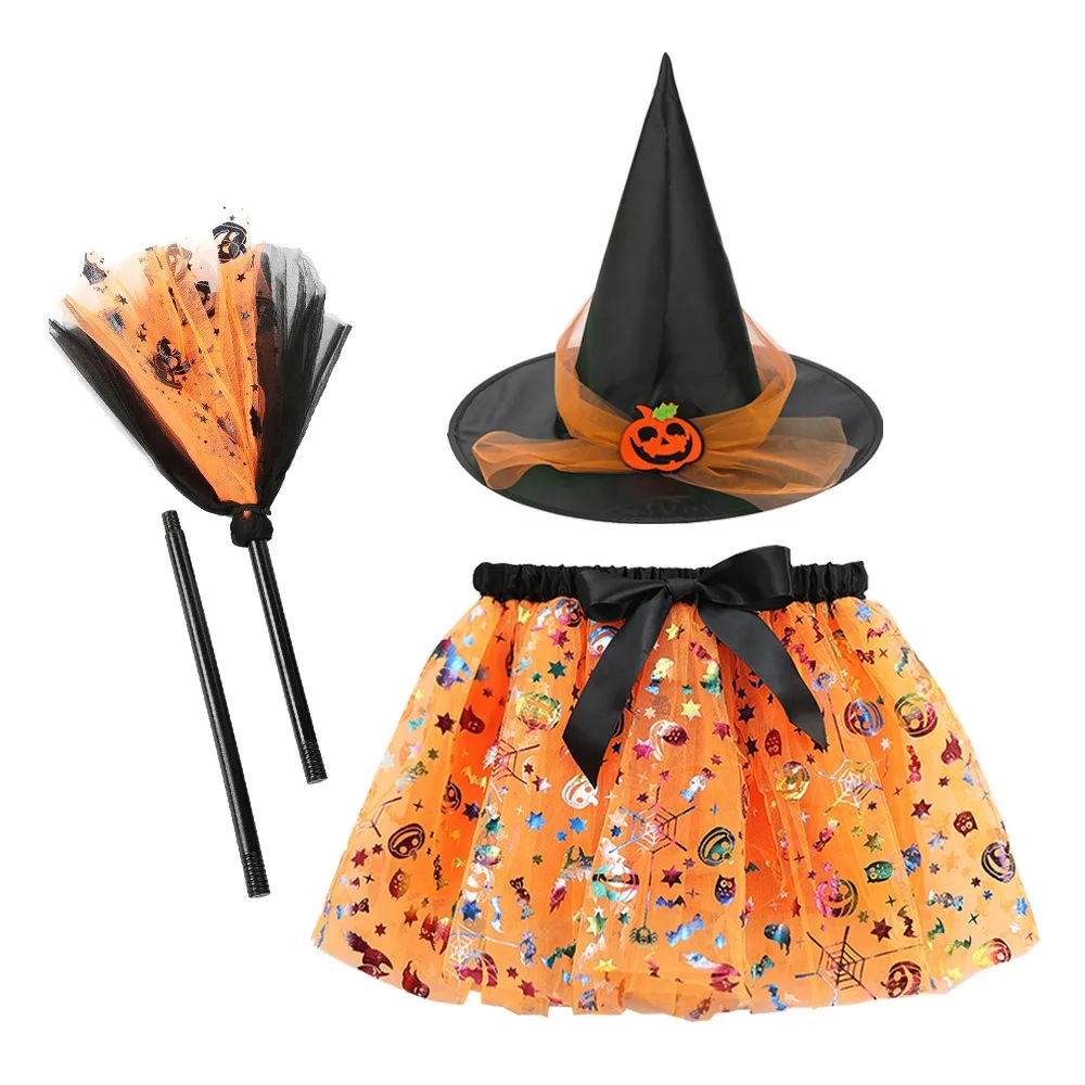 

3Pcs/set Wizard Childern Halloween Costumes Pointy Hat Broom Kids Witch Dress Set Costume Cosplay Props Short Skirt