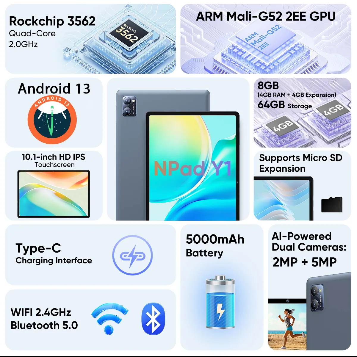 N-one NPad Y1 10.1-inch Android 13 Tablet Rockchip RK3562 Quad-Core 2.0GHz 8GB RAM (4GB+4GB) 64GB Storage HD IPS Touchscreen 5000mAh Battery Dual Camera WiFi Bluetooth 5.0 Type-C