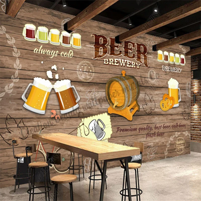 Custom Wallpaper Retro Wooden Beer Mural Bar Restaurant Snack Barbecue Shop Background Wall Paper Papel De Parede Contact Paper