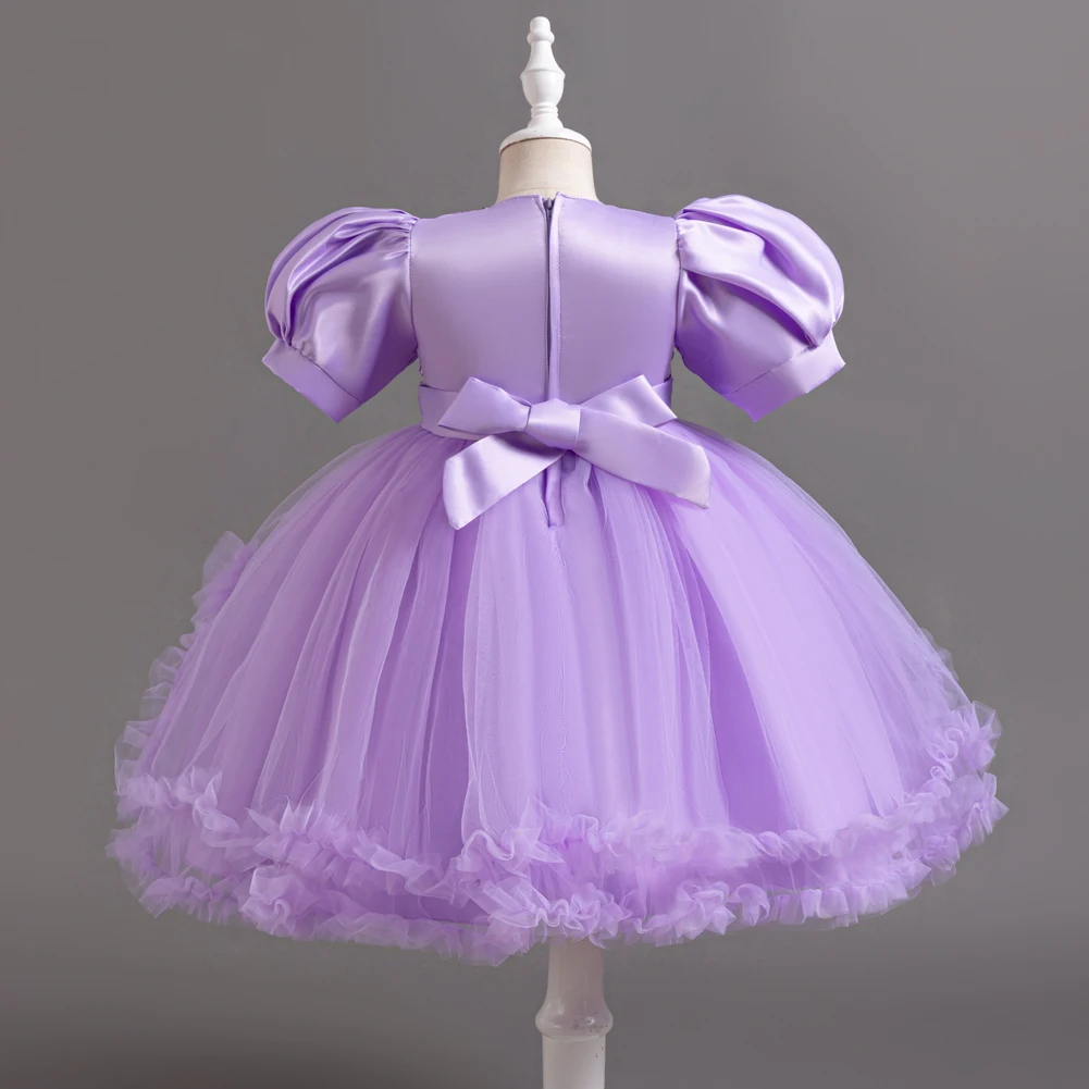 Purple Girls Dress Knee-length Bubble Sleeve Sequin Lace Bow Dress Holiday Party Piano Show Performance Dress 2-10 year old girl