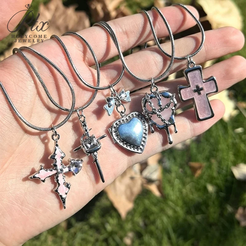 Y2K Halskette Süß Cool Gothic Harajuku Schlangenkette Rosa Zirkon Kreuz Herz Anhänger Streetwear Ästhetisches Geschenk Schmuck für Frauen – Detail 1