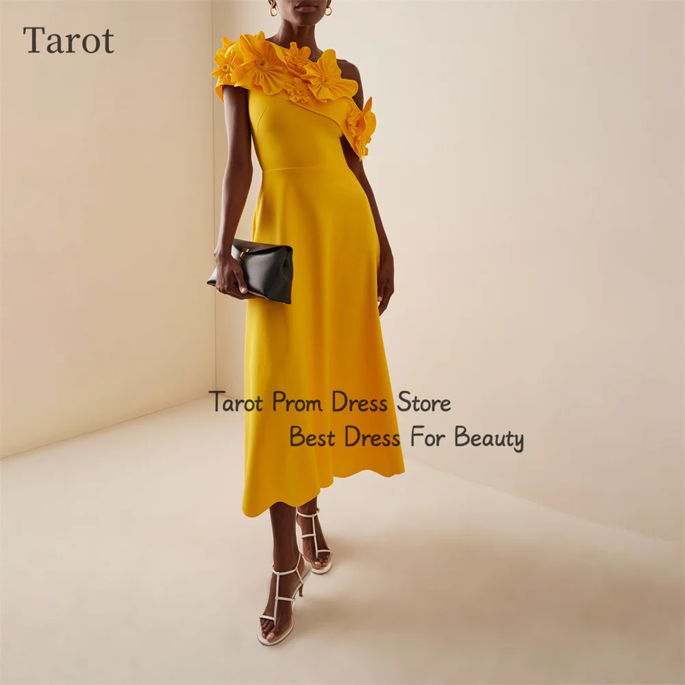 

Tarot Gold One Shoulder Prom Dresses Flowers A Line Tiered Elegant Party Gown Tea Length Ladies Gown For Special Occasion