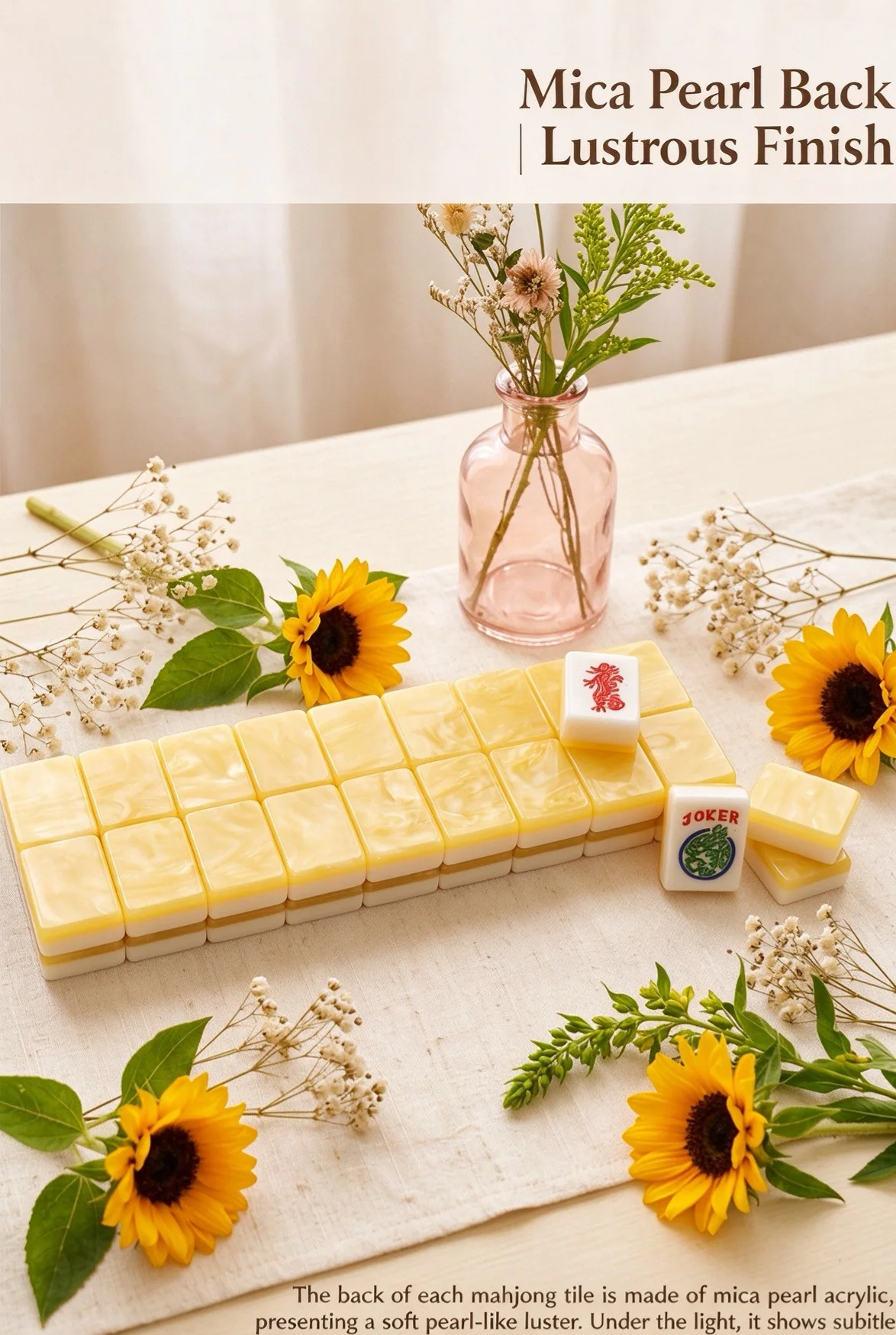 Double-layer Mica Pearl Acrylic American Mahjong Set Pearl Yellow 166 Tiles 32mm Waterproof & Drop Resistant Family Board Game