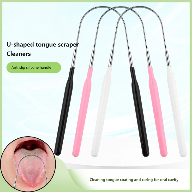 Raspador de lengua en forma de U, limpiador para adultos, elimina el mal aliento, cepillo de acero inoxidable para el cuidado bucal Dental