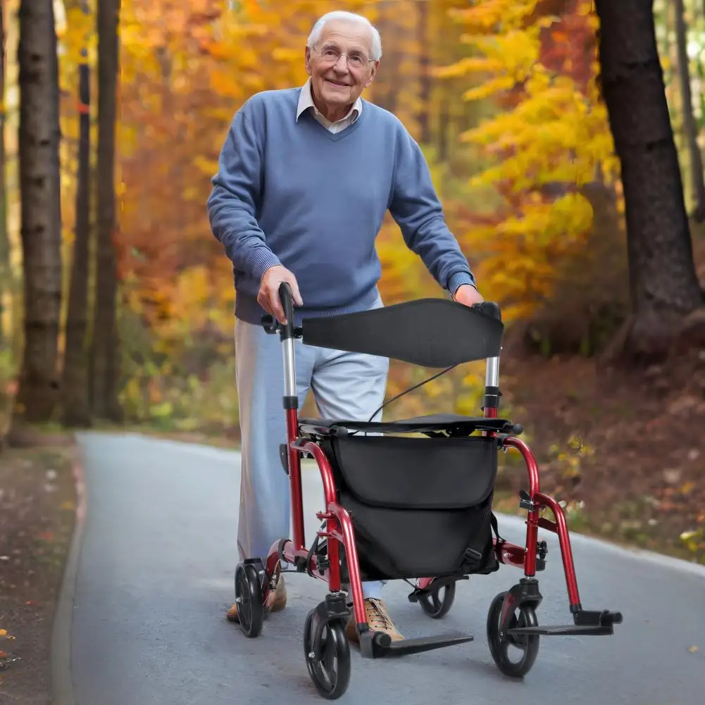 Andadores para personas mayores ajustables en altura mejorados, andador de 4 ruedas con asiento y frenos, ayuda para caminar liviana y plegable, rojo