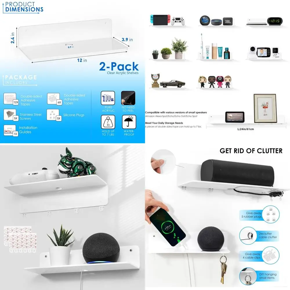 

Pair of 12 White Acrylic Floating Shelves - Easy Install, Strong Adhesive, Ideal for Home Decor