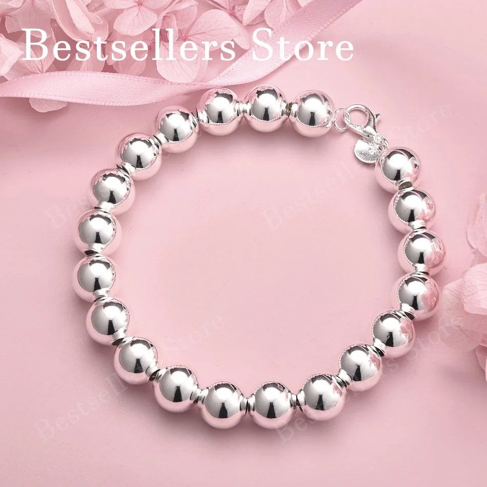 

Charm 925 sterling silver 8-inch exquisite round bead bracelet, fashionable women's party wedding gift jewelry
