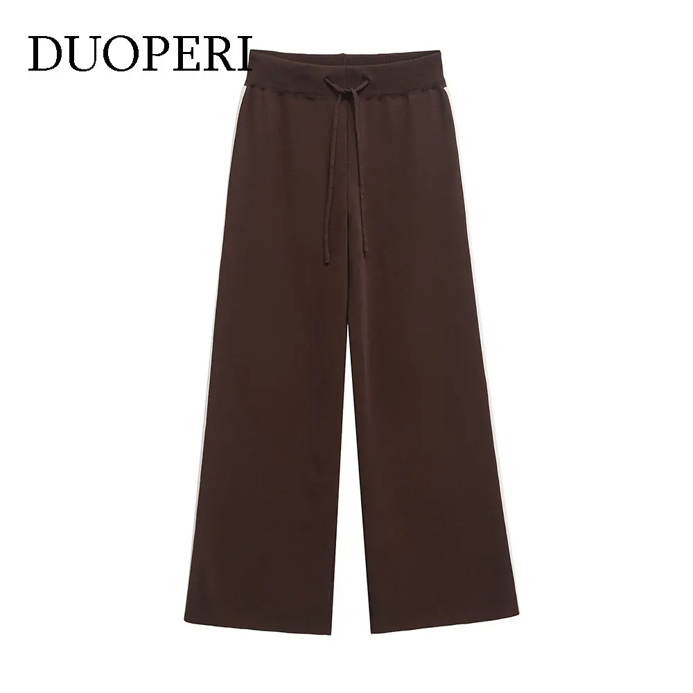 

DUOPERI женские модные коричневые лоскутные широкие брюки с высокой эластичной резинкой на талии, длинные женские шикарные брюки