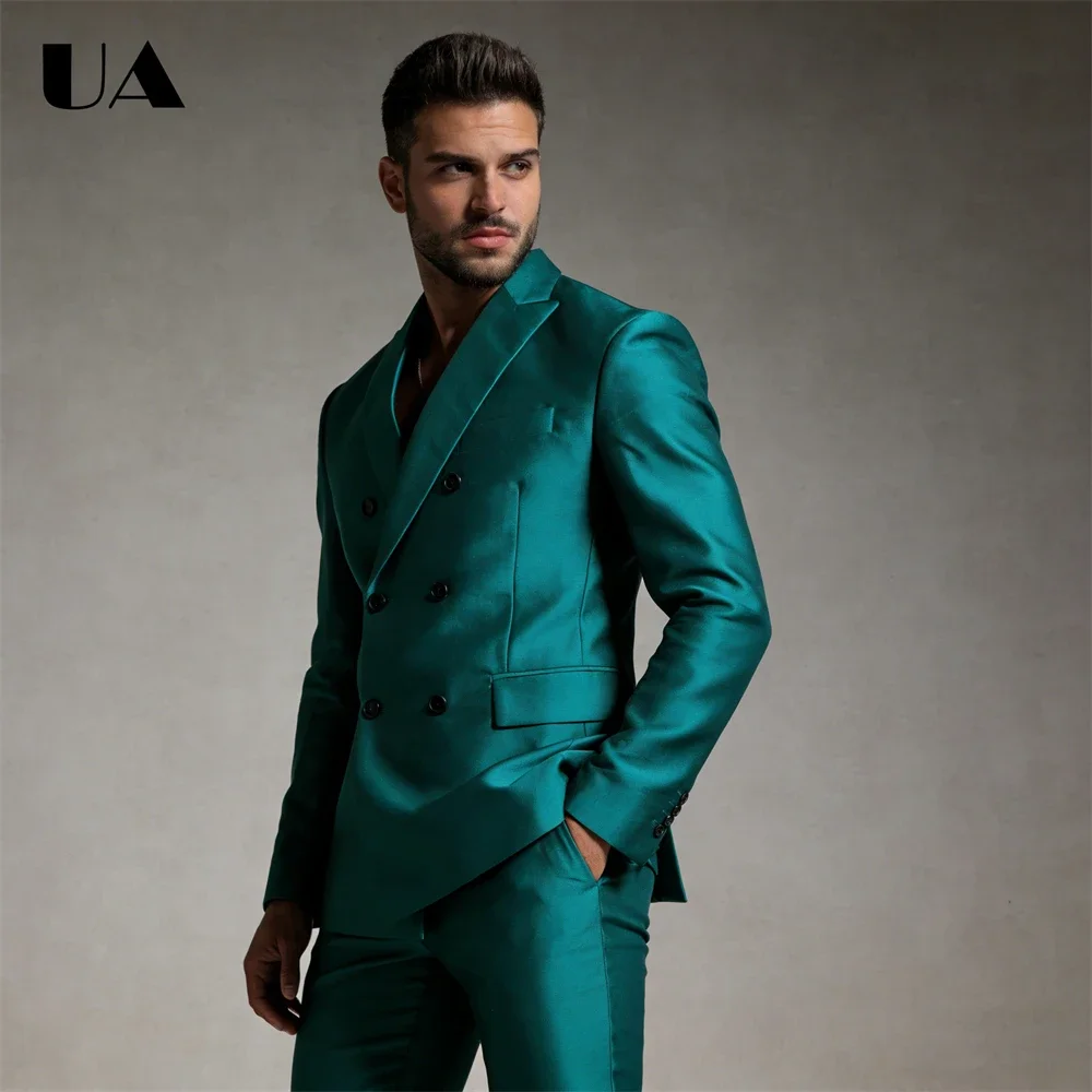 Luxury Satin Suit Attire for Stage Performance, Costume Tuxedo for Men XXS-7XL Double Breasted Jacket Pants Solid Blazer Trouser