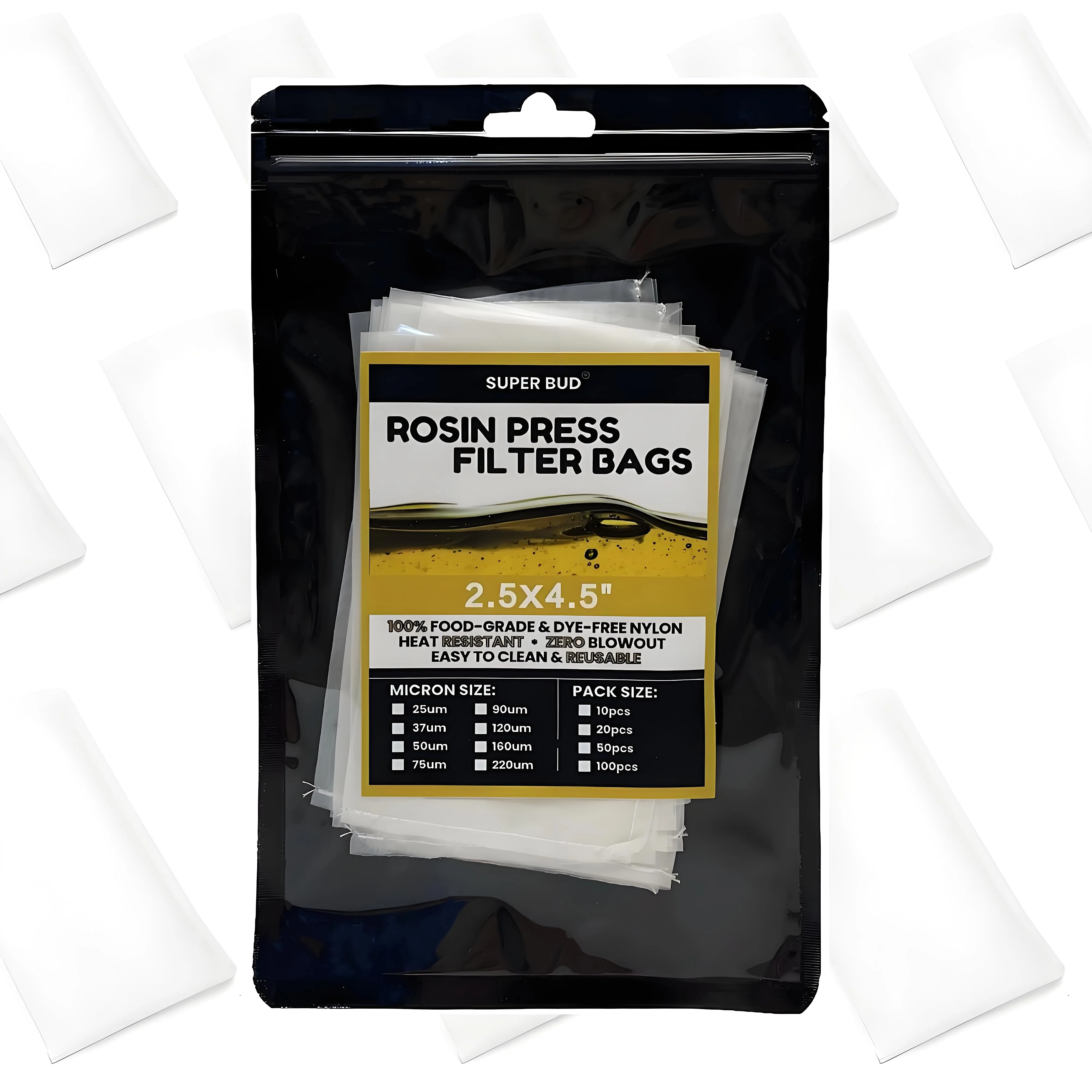 2x4'', 2.5x4.5'' 3x6 Inch Premium Nylon Rosin Press Filter Bags Tea Filter Bags with Clear Packing Card All Micron Size 25-220um