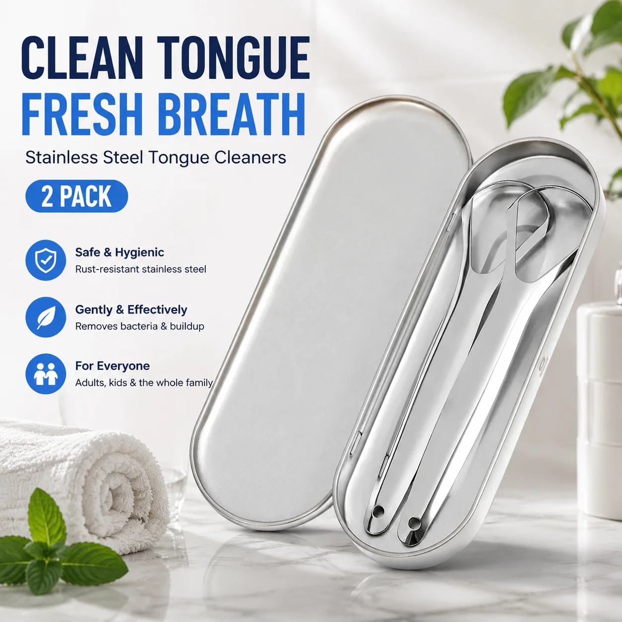 Stainless Steel Tongue Cleaners 2 Pack – Metal Tongue Scraper for Adults, Kids, Family Oral Care Tools