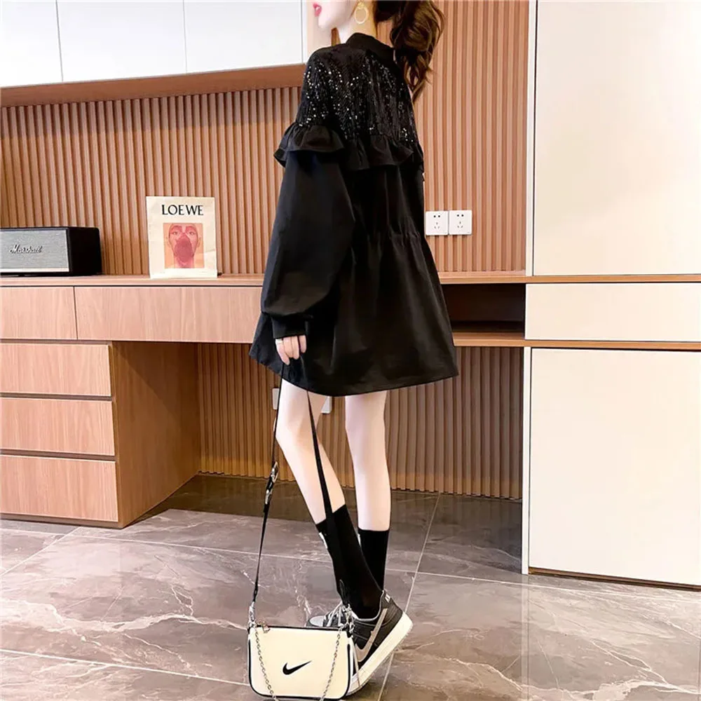 Fashion Sequin Jackets For Womens Spring Autumn Ruffles Coat Female Clothing Casual Drawstring Windbreaker Black Streetwear Tops