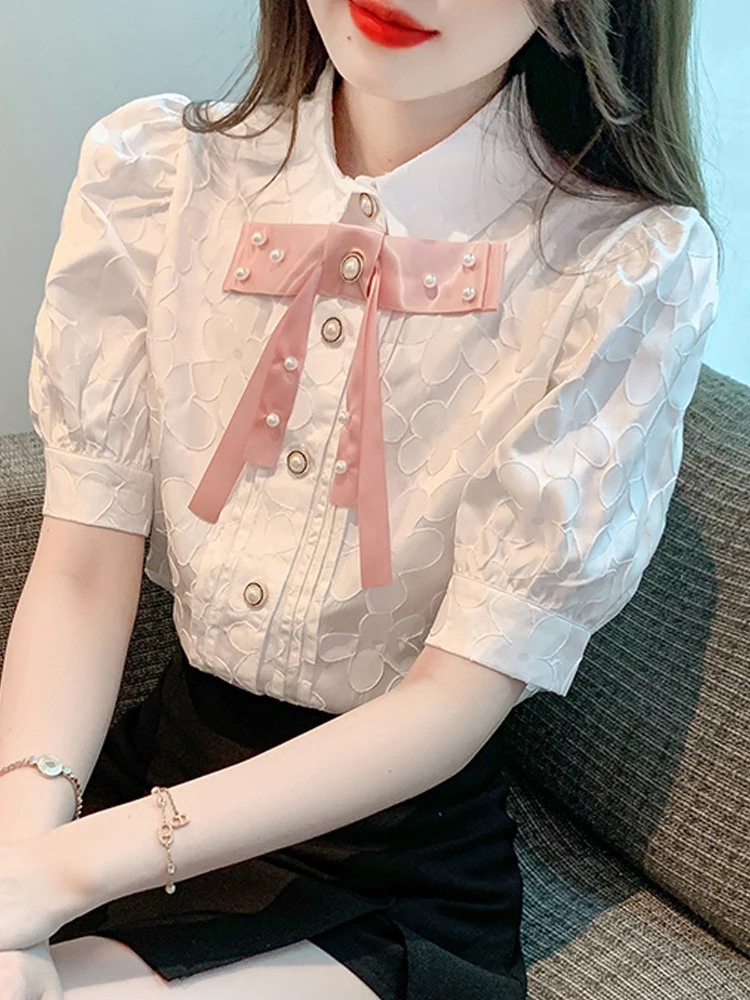 Summer Women Tops Beading Turn Down Collar Chiffon Blouse Shirt Blusas Mujer De Moda 2024 Verano Short Sleeve Blouse Women G700