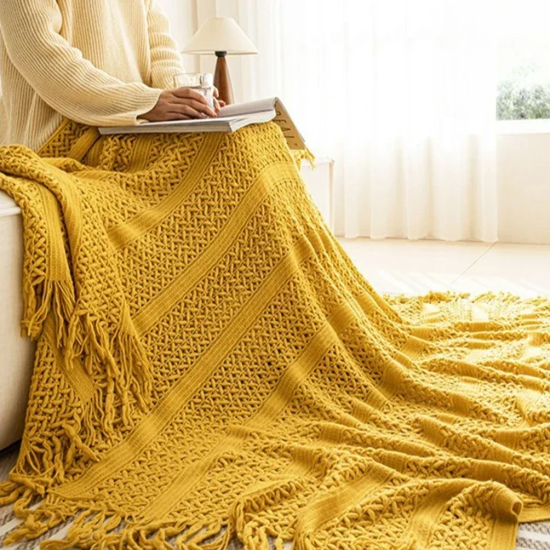 Solid Color Knitted Shawl Blanket Napping Office Blanket with Tassels Soft Breathable Keep Warm Air Conditioning Sofa Blankets