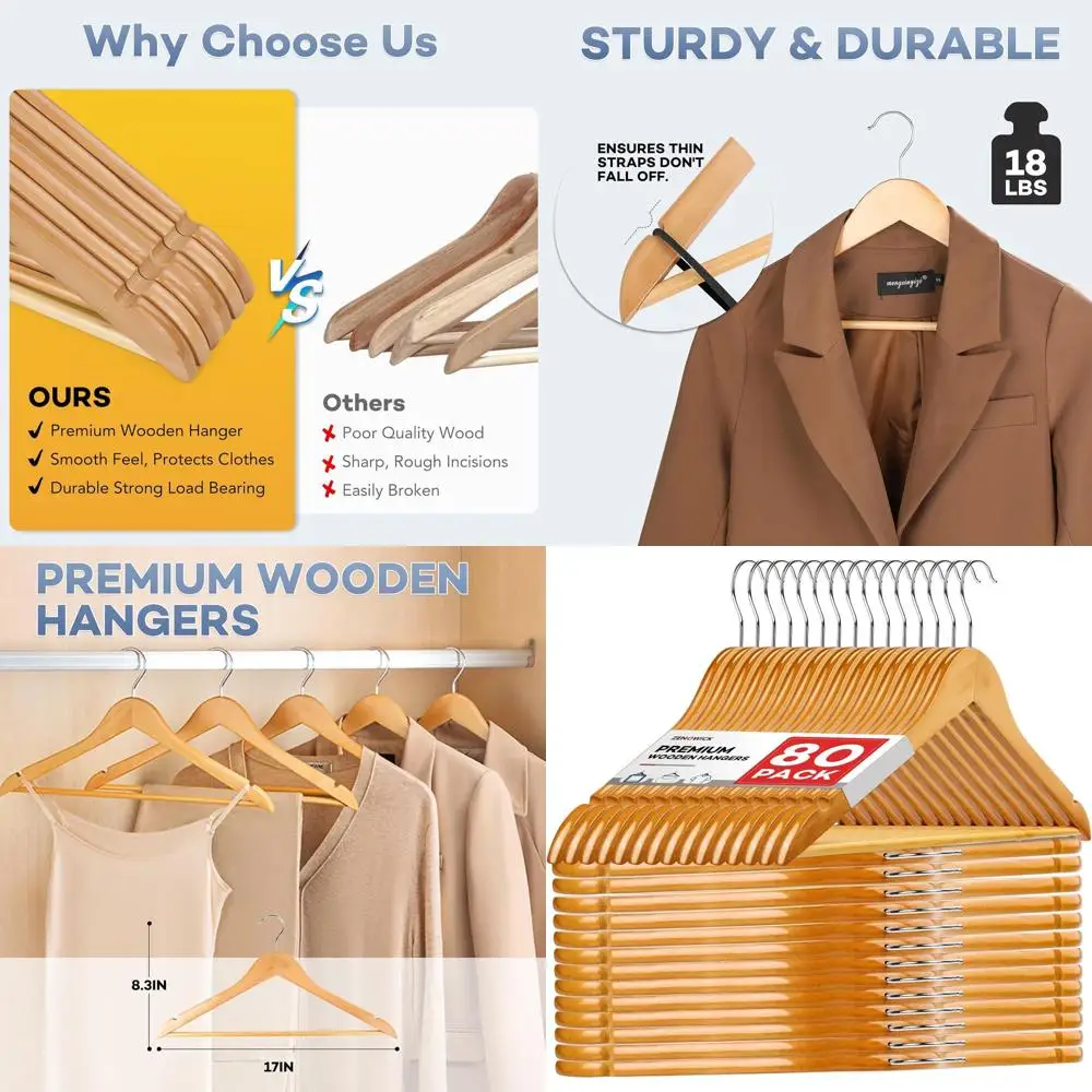

80-Pack Durable Wooden Hangers for Coats, Suits, Jackets, and Pants with 360-Degree Rotatable Hook and Notches - Natural