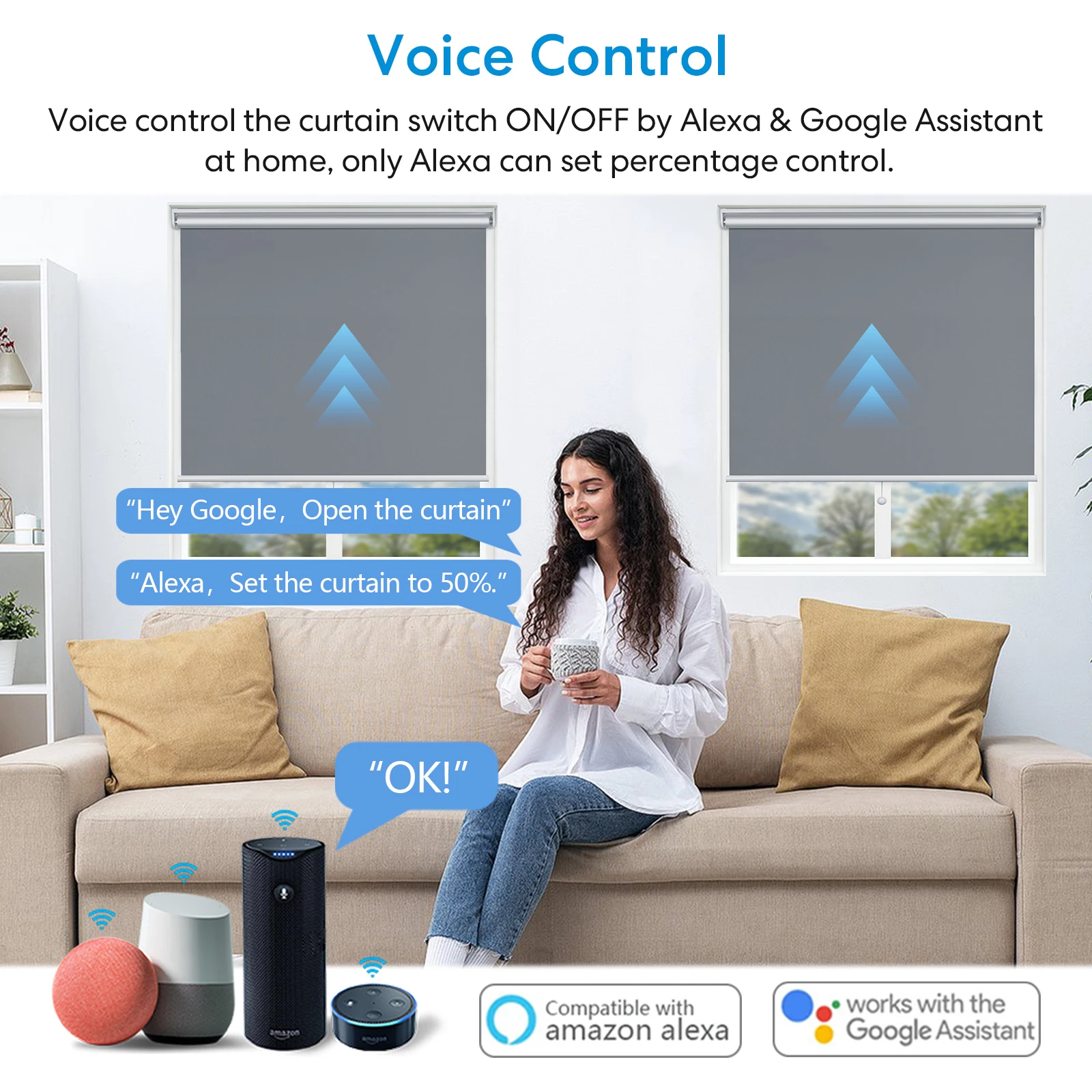 QCSMART Tuya Smart Life Roller Shutter Curtain Remote Control Swith Black Percentage Timer Work with Google Home Alexa